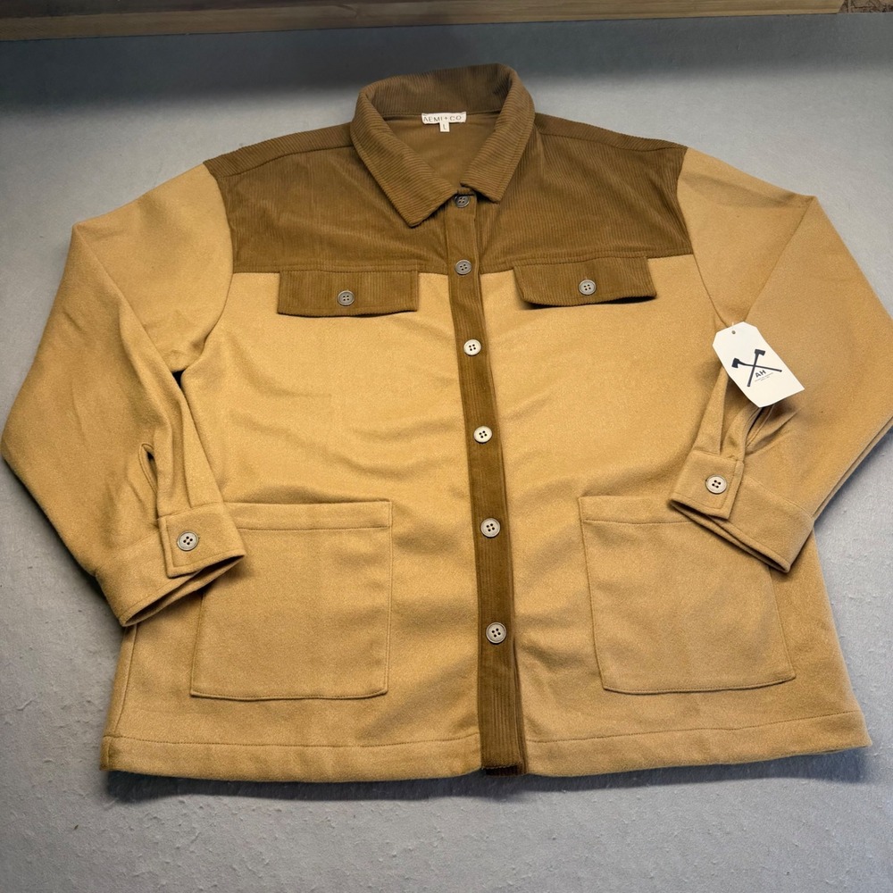 AEMI+CO Womens Large Tan Brown Colorblock Corduroy Trim Shacket L